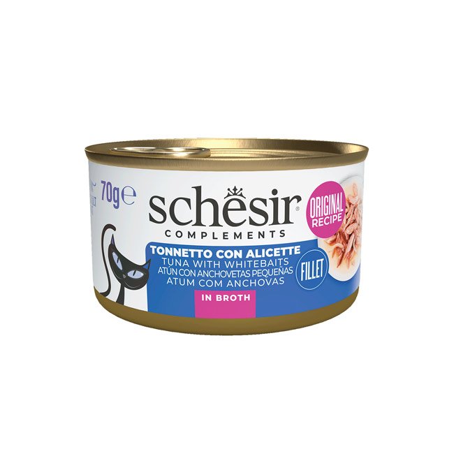 Schesir Complements alimento húmido em caldo (70g) – Atum com Anchovas